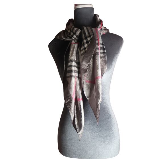 Silver & Pink Plaid Satin Scarf 35" Square Medium EUC Preppy Multifunction - Picture 5 of 11